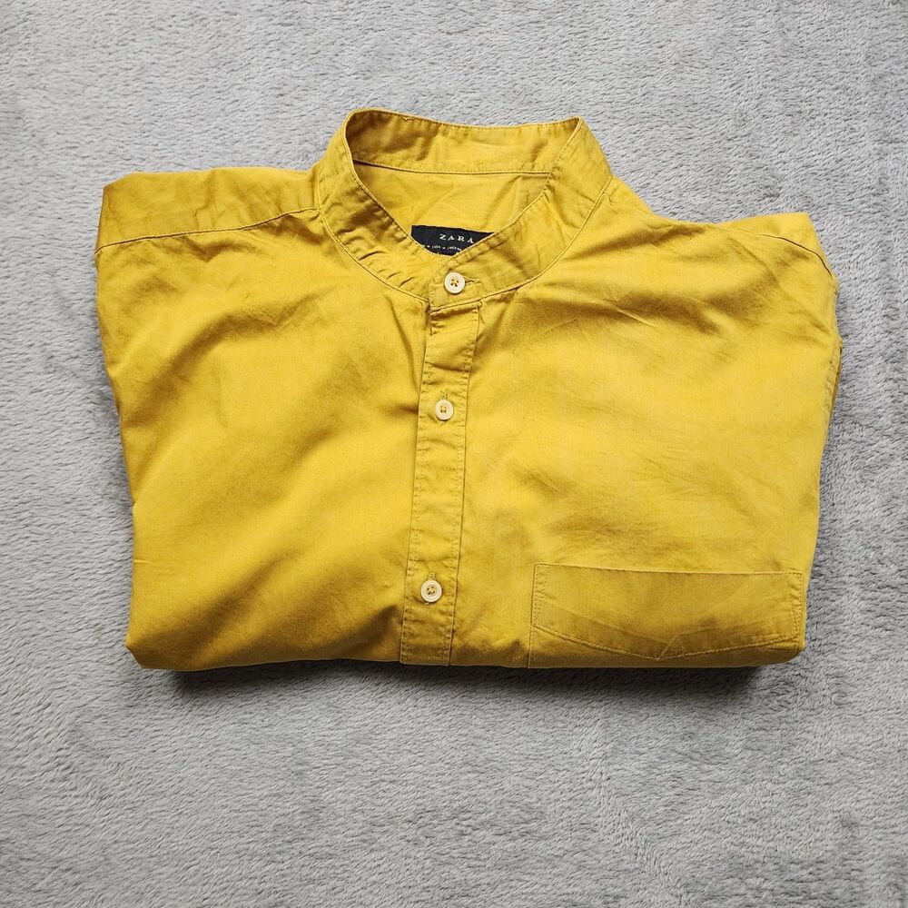 Zara Mens M Yellow Button Down Shirt Relaxed Fit 100% Cotton Short Sleeve Casual